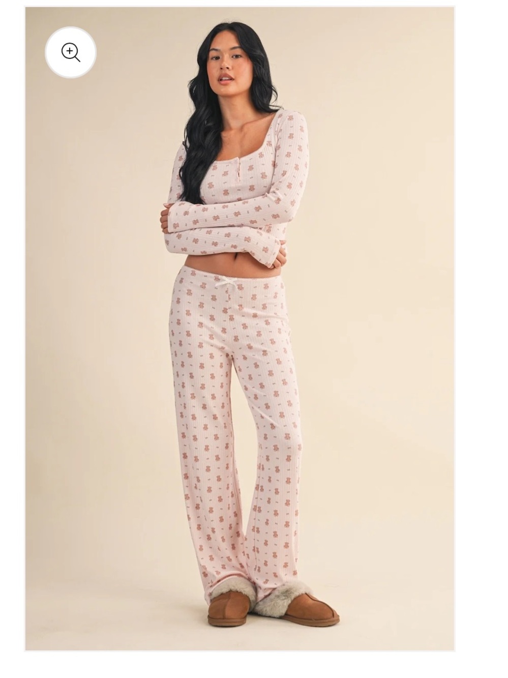 Mercy + Love Pink Ribbed Teddy-Print Women's Pajama Set - Long Sleeve